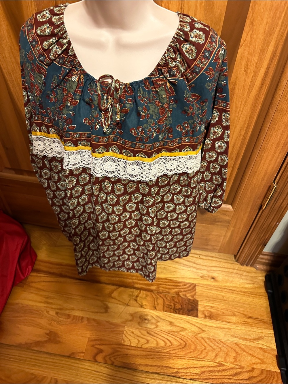Women's Mixed-Print Peasant Blouse in Teal and Brown